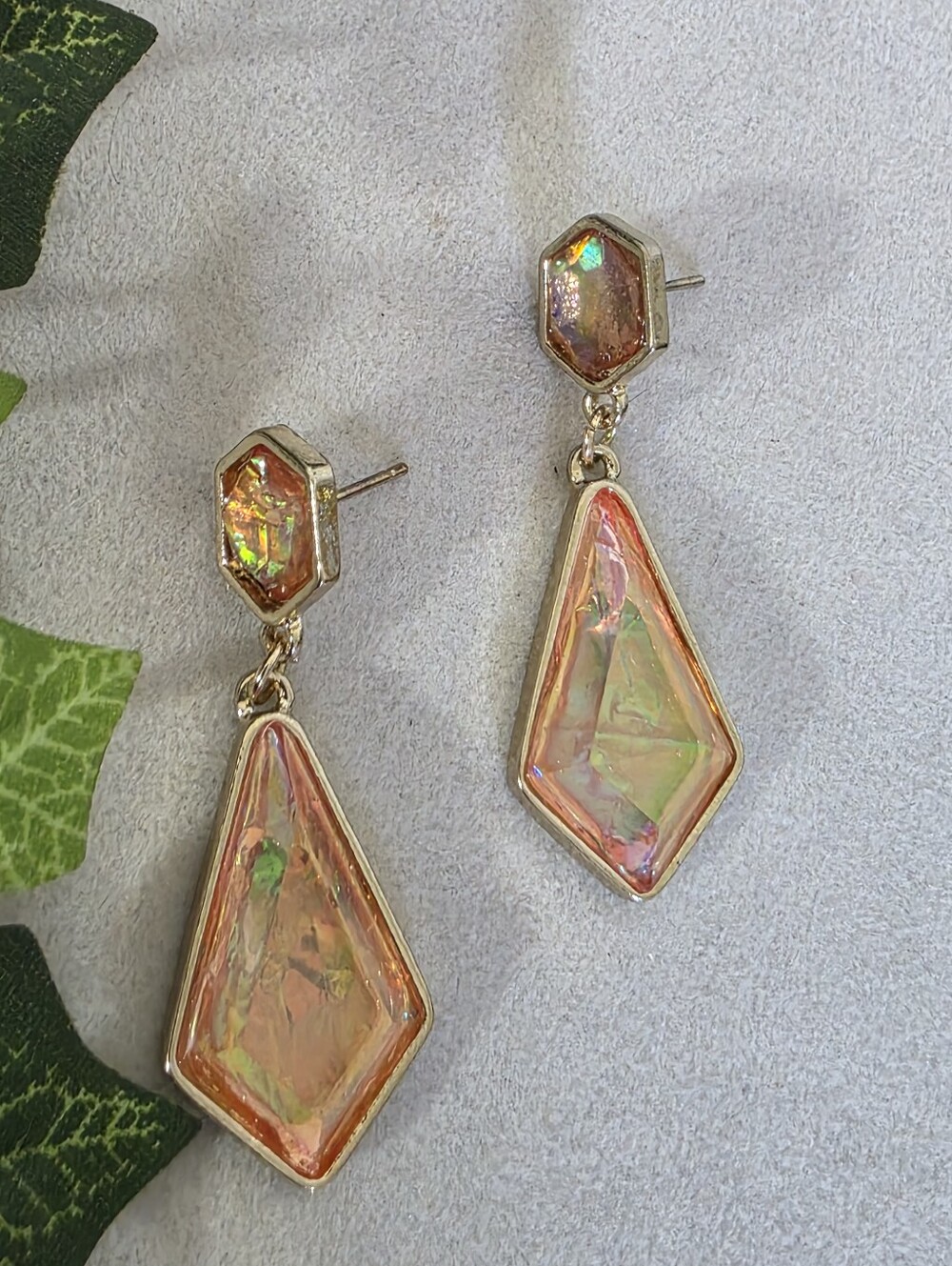 Gold Iridescent Geometric Drop Earrings | Orange Opaline Kite Dangle